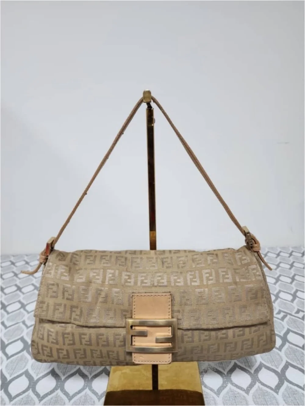 Authentic FENDI Metallic Zucchino Canvas Baguette Bag Gold/Beige